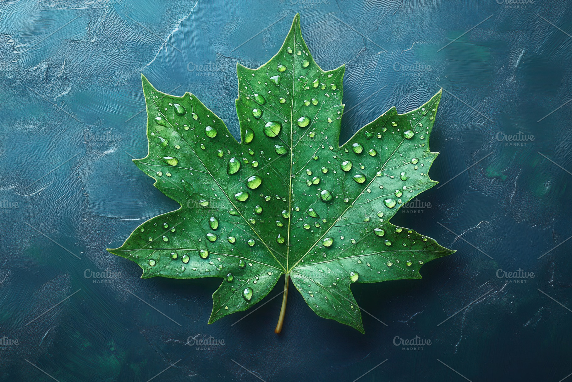 Raindrops on a vibrant green maple l, a Photo by Tanuart