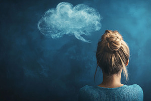 Woman Facing a Thought Cloud on Dark Blue Background, an Abstract Photo by Natalia Klenova's Shop