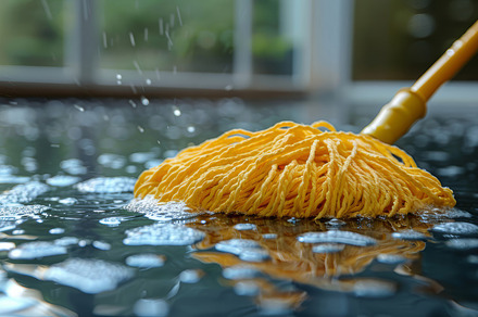 Cleaning Floor with Yellow Mop in Spacious Room with Natural Light, a Photo by AS photostudio