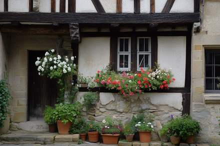A charming old Tudor style house with a wooden frame, featuring a stone wall an, an Architecture Photo by Textures & Backgrounds