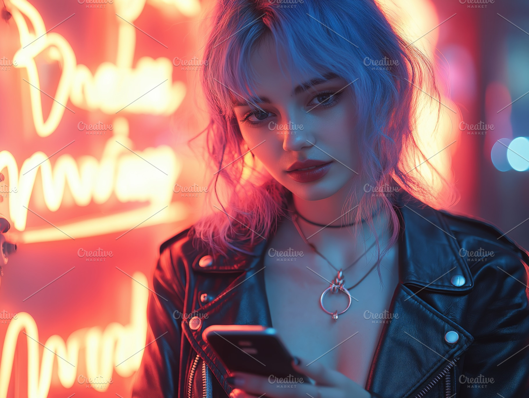 A young woman with pastel blue hair and a bold leather jacket, engrossed in her, a Person Photo by ImageMir