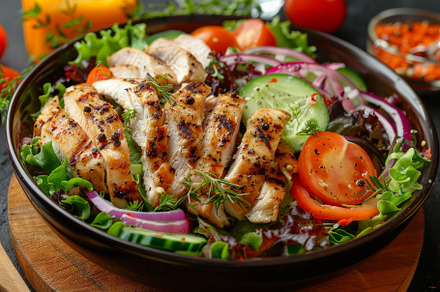 A salad featuring grilled chicken, c, a Photo by Iftikhar Alam