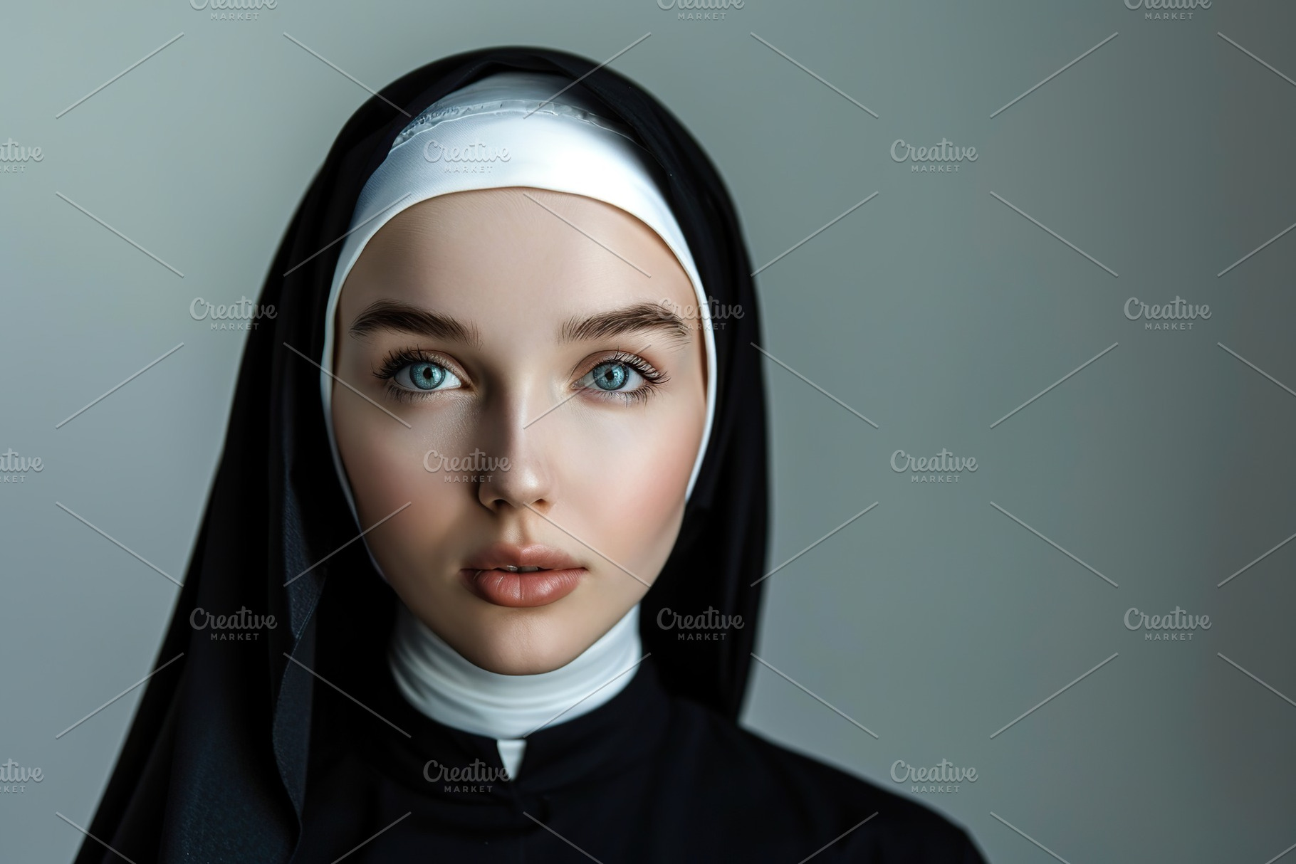 Young praying nun on grey background, a Person Photo by AlyaAnd