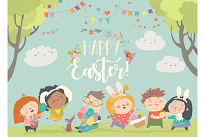 Happy Children Celebrating Easter In