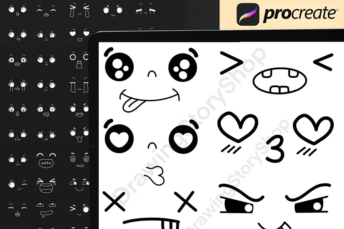 200 Procreate Kawaii Faces Stamps, a Brush Add-On by DrawingStoryShop