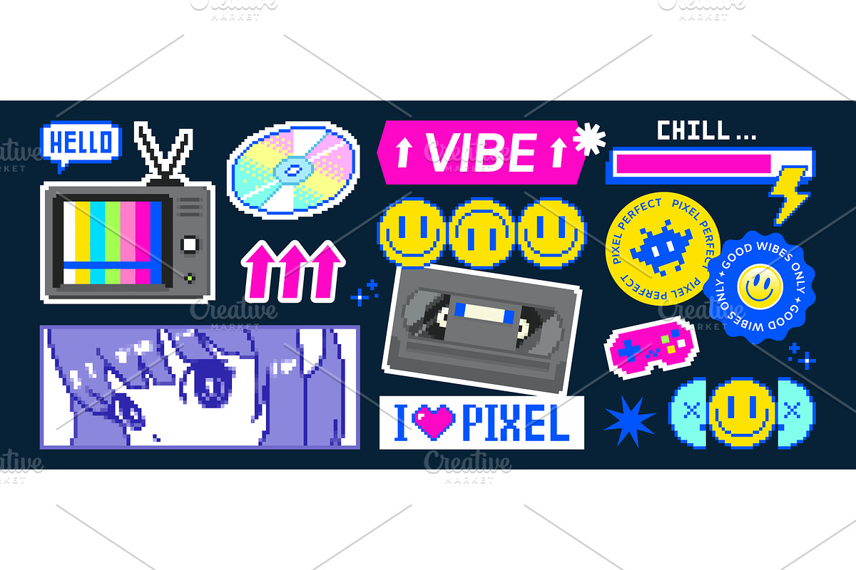 Y2k pixel stickers set isolated on, an Object Illustration by art PVP - market