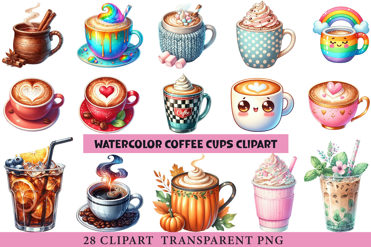 Watercolor Coffee Cups Clipart, an Illustration by cherrydesign (Photo 1 of 4)