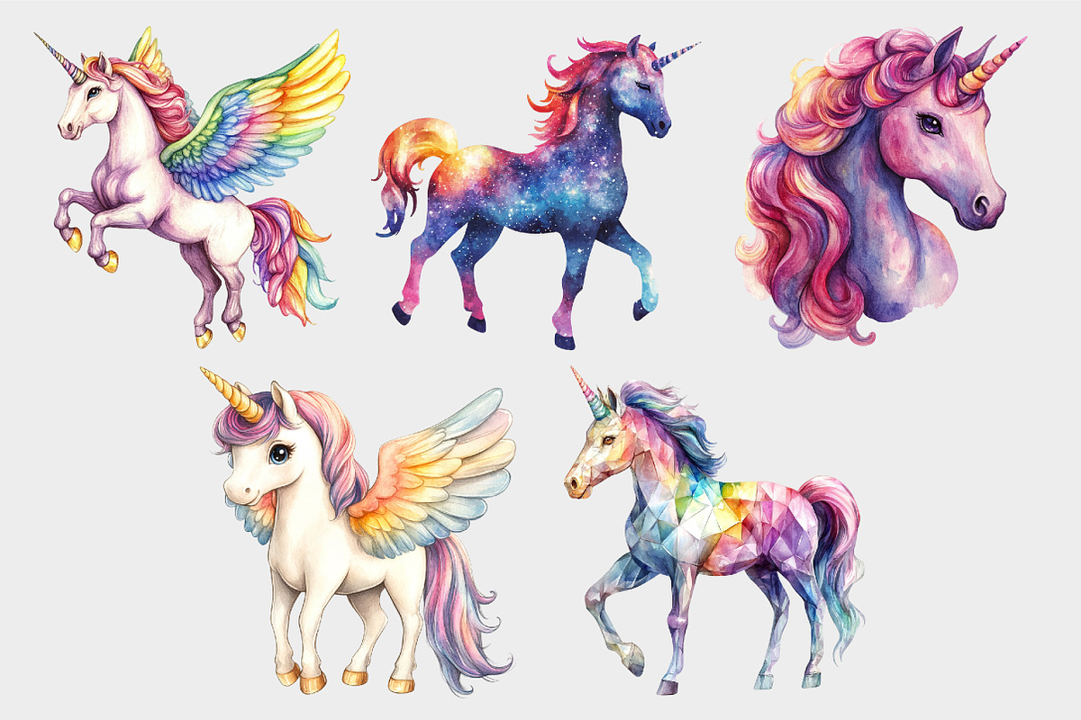 Watercolor Rainbow Unicorn Clipart, a Seasonal Illustration by Design Market (Photo 5 of 5)