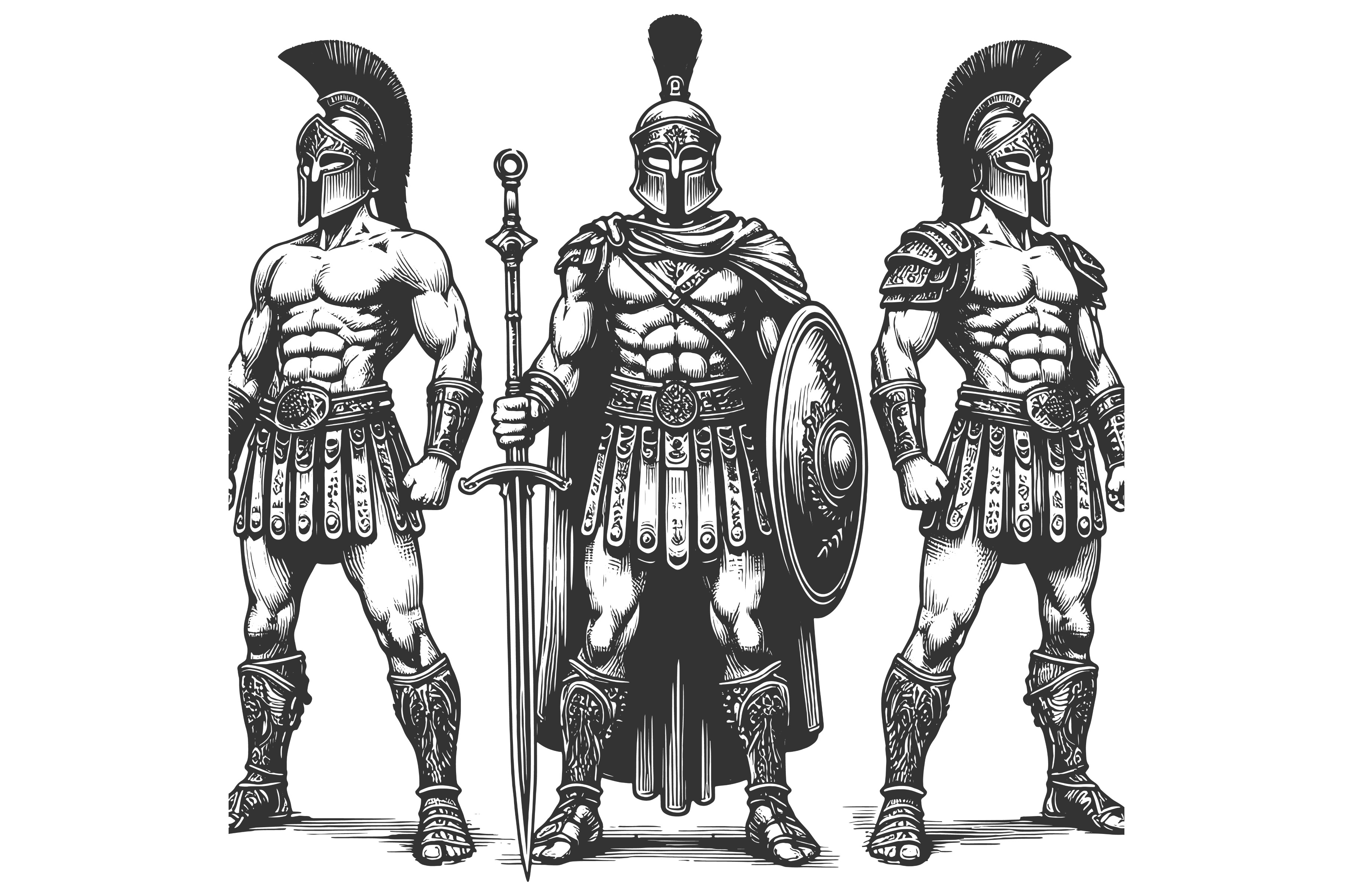 three ancient Greek warriors in, an Illustration by AlexArt