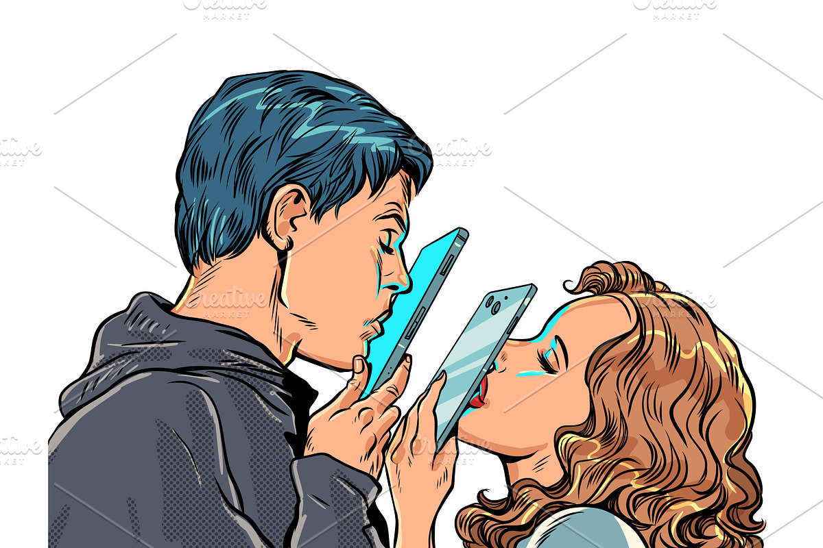 Man and woman kissing through phone, a Technology Illustration by rogistok