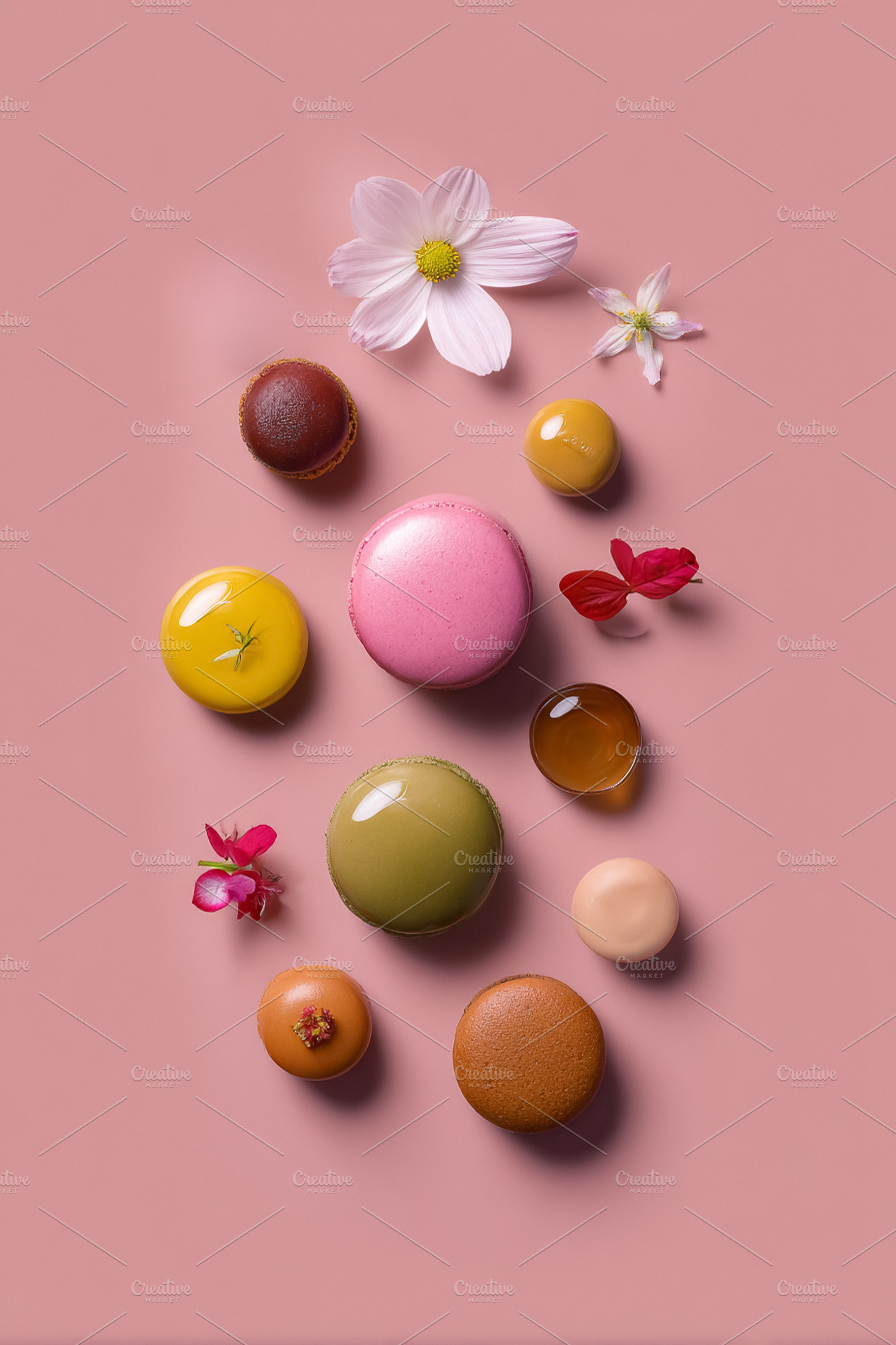 Colorful macarons and fresh flowers on a pink background creatin, a Photo by Studio ANNA