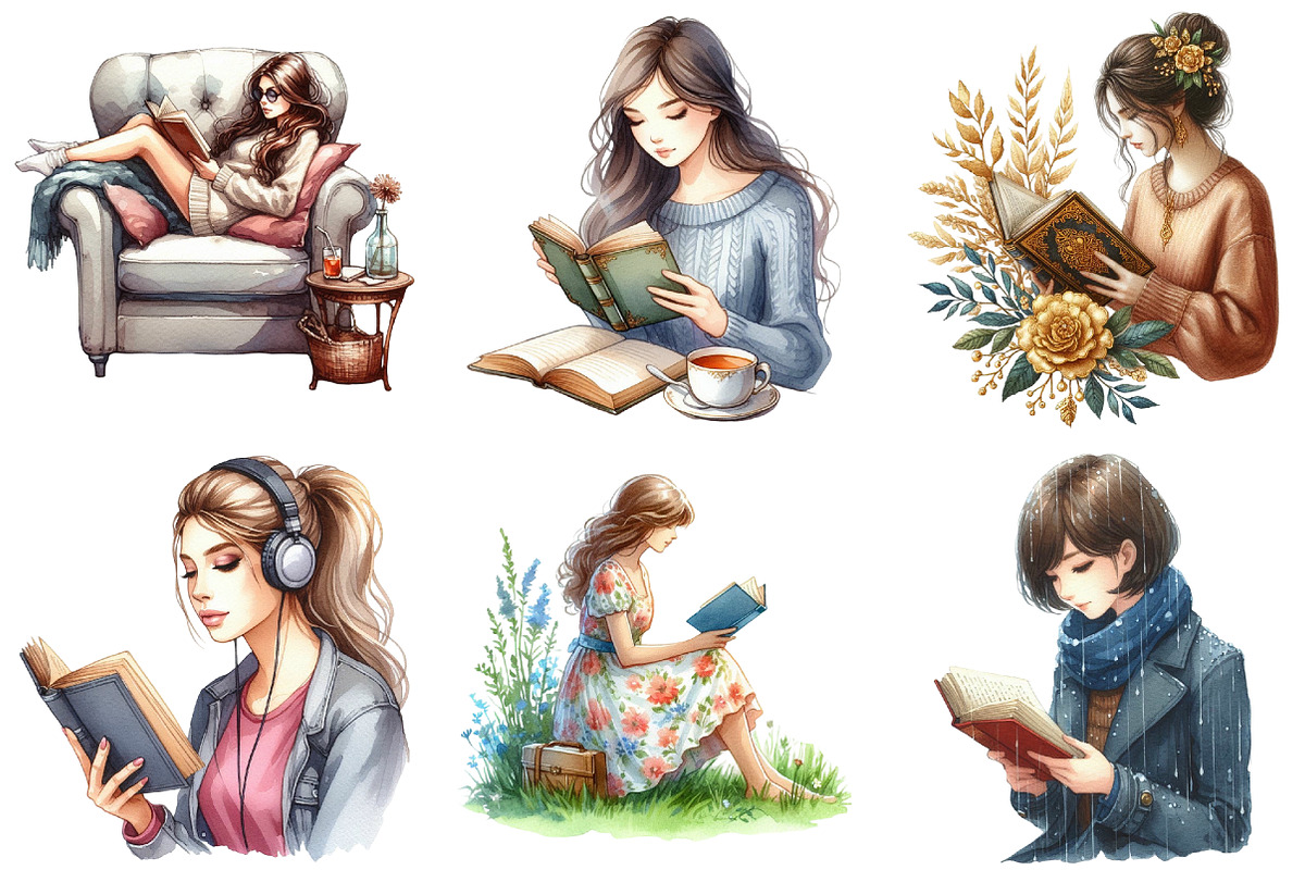 Watercolor Woman Reading Clipart, an Illustration by Daily.Designs (Photo 3 of 5)