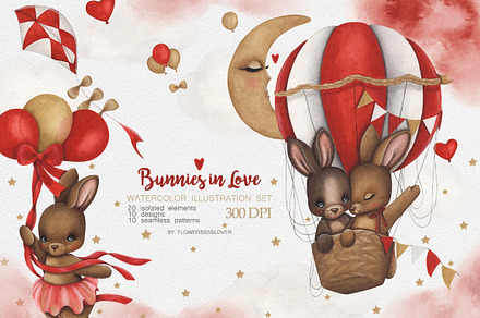 Cute Watercolor Set Bunnies In Love