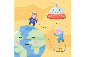 space astronauts animals scene, an Animal Illustration by studiogstock