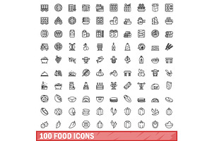 100 Food Icons Set, Outline Style