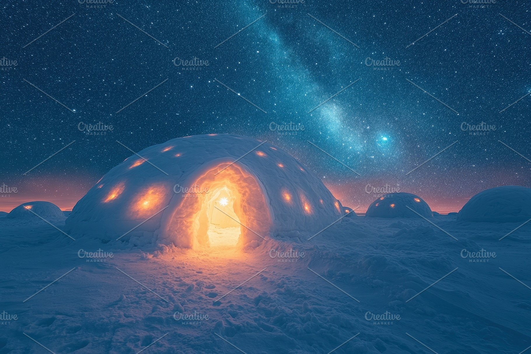 Snow domes glow softly under a star-, a Photo by Tanuart