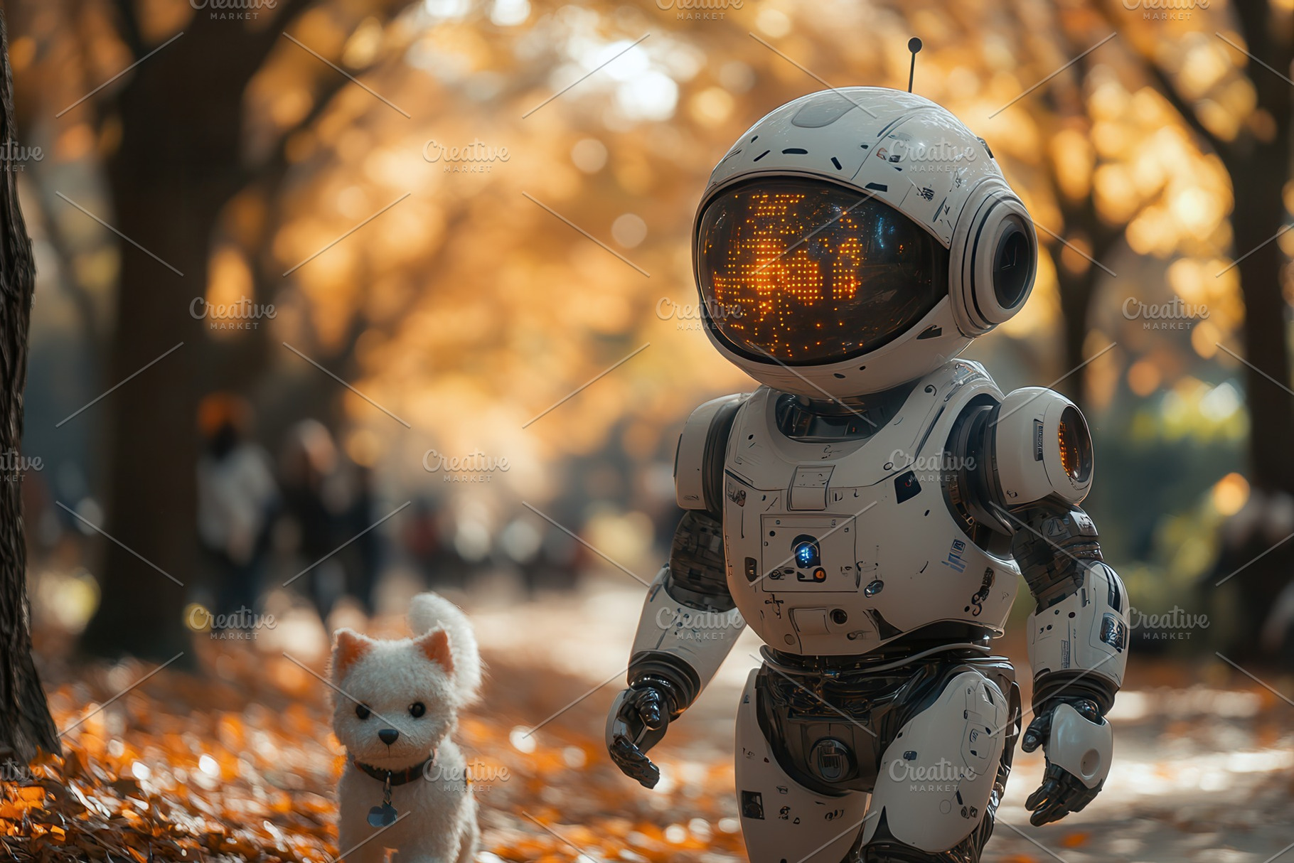 Robot walks with a small dog in a pa, a Photo by Tanuart