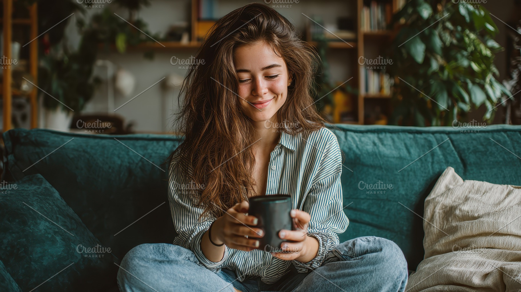 Woman relaxing on couch holding coff, a Photo by Pixeness Studio