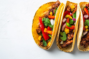 Row of colorful beef tacos filled, a Food & Drink Photo by MistyDay