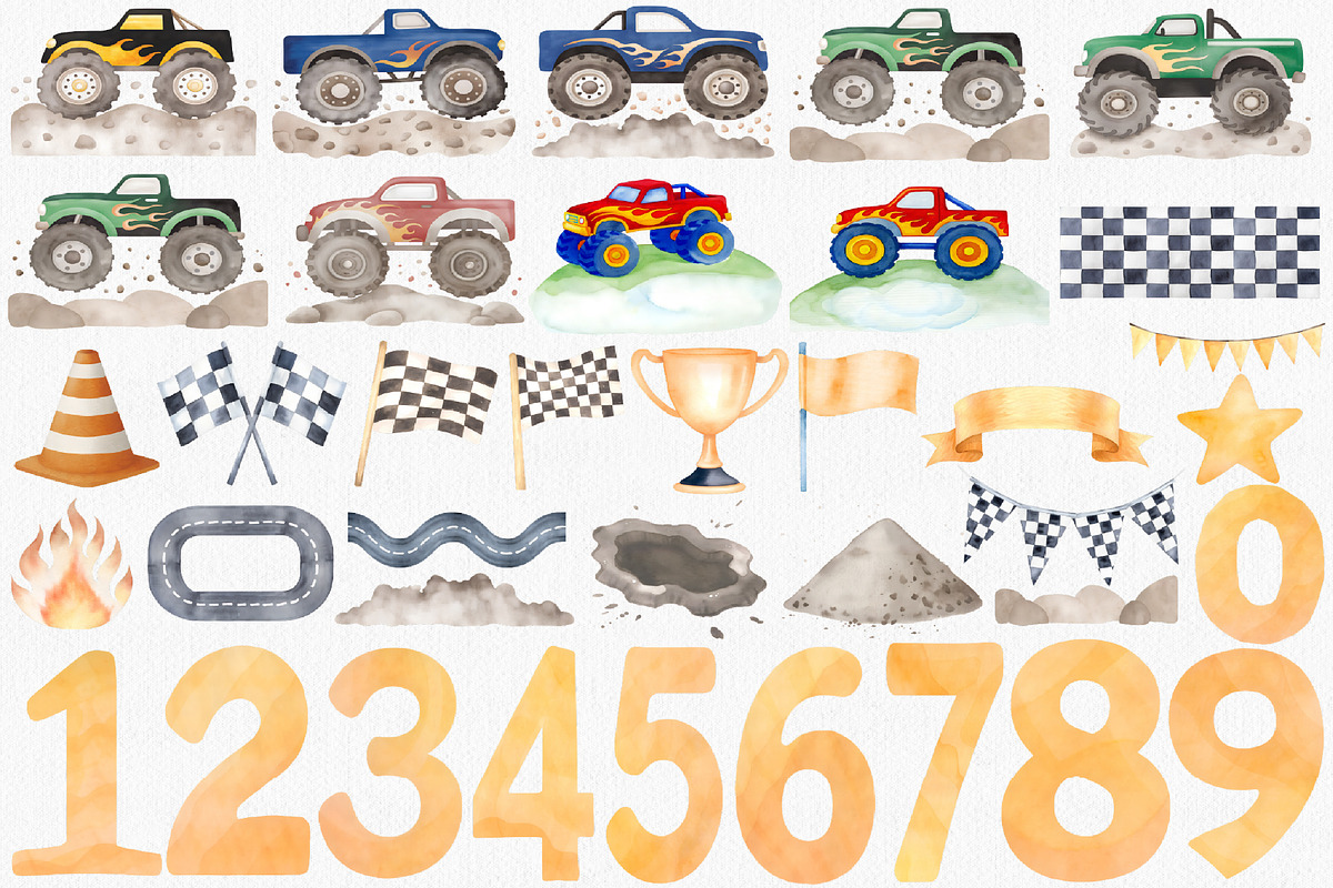 Watercolor Monster Truck Clipart Set, a Transportation Illustration by CropUp Creative (Photo 3 of 5)