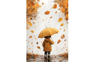 Child With Yellow Umbrella In Autumn