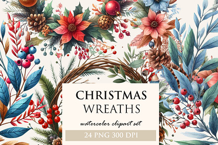 24 Watercolor Christmas Wreaths Set