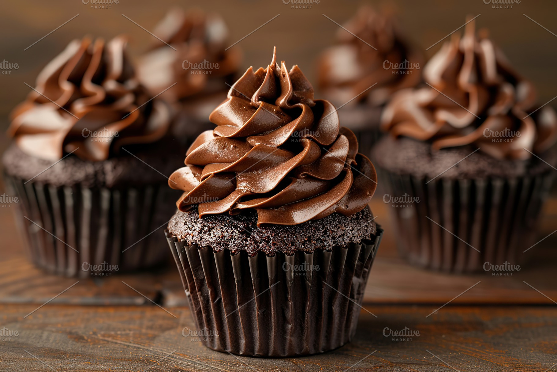 Chocolate cupcakes with whipped cream on wooden table, a Food & Drink Photo by AlyaAnd