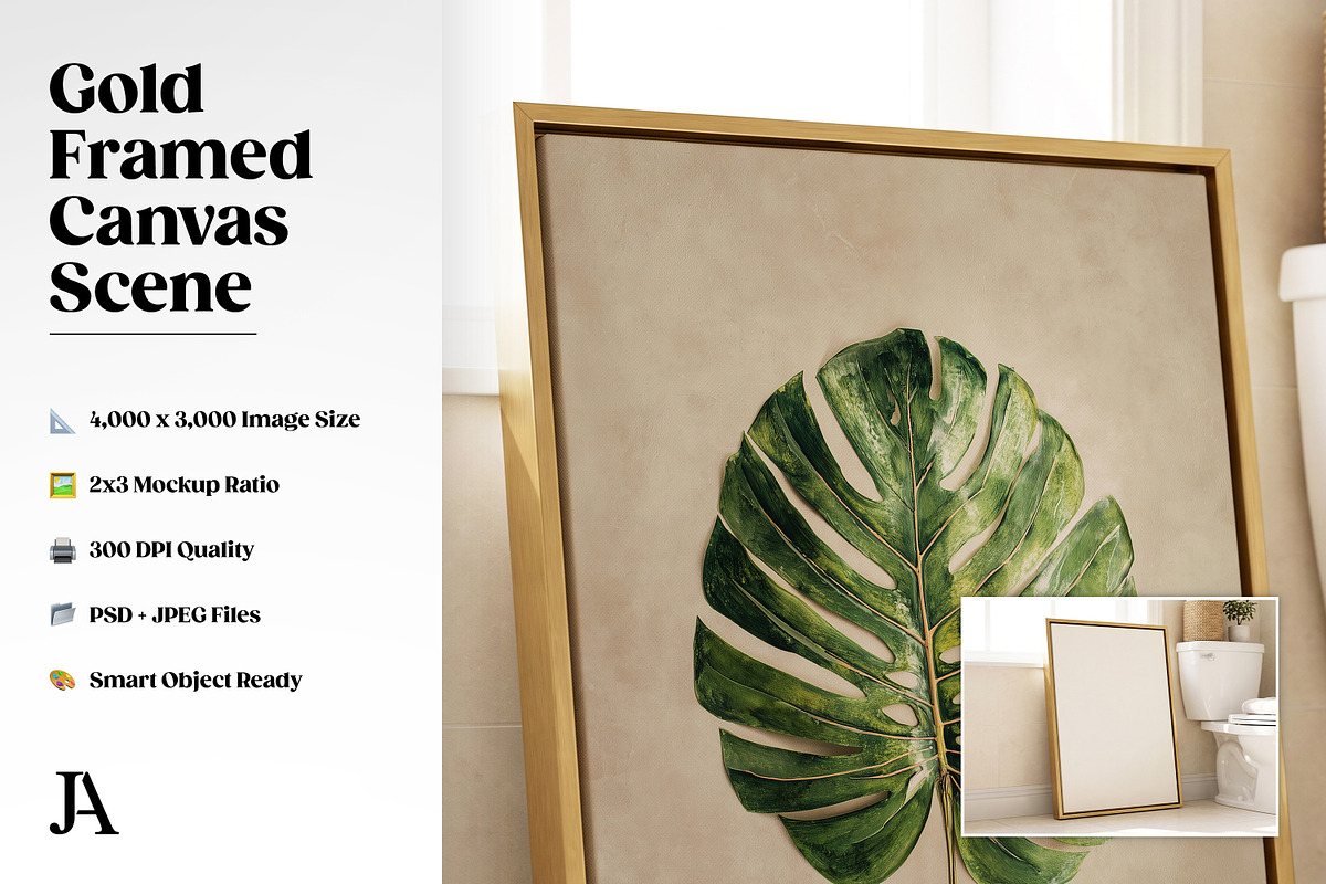Gold Framed Canvas 2x3 PSD Mockup, a Household Mockup by Julian Adams (Photo 2 of 3)