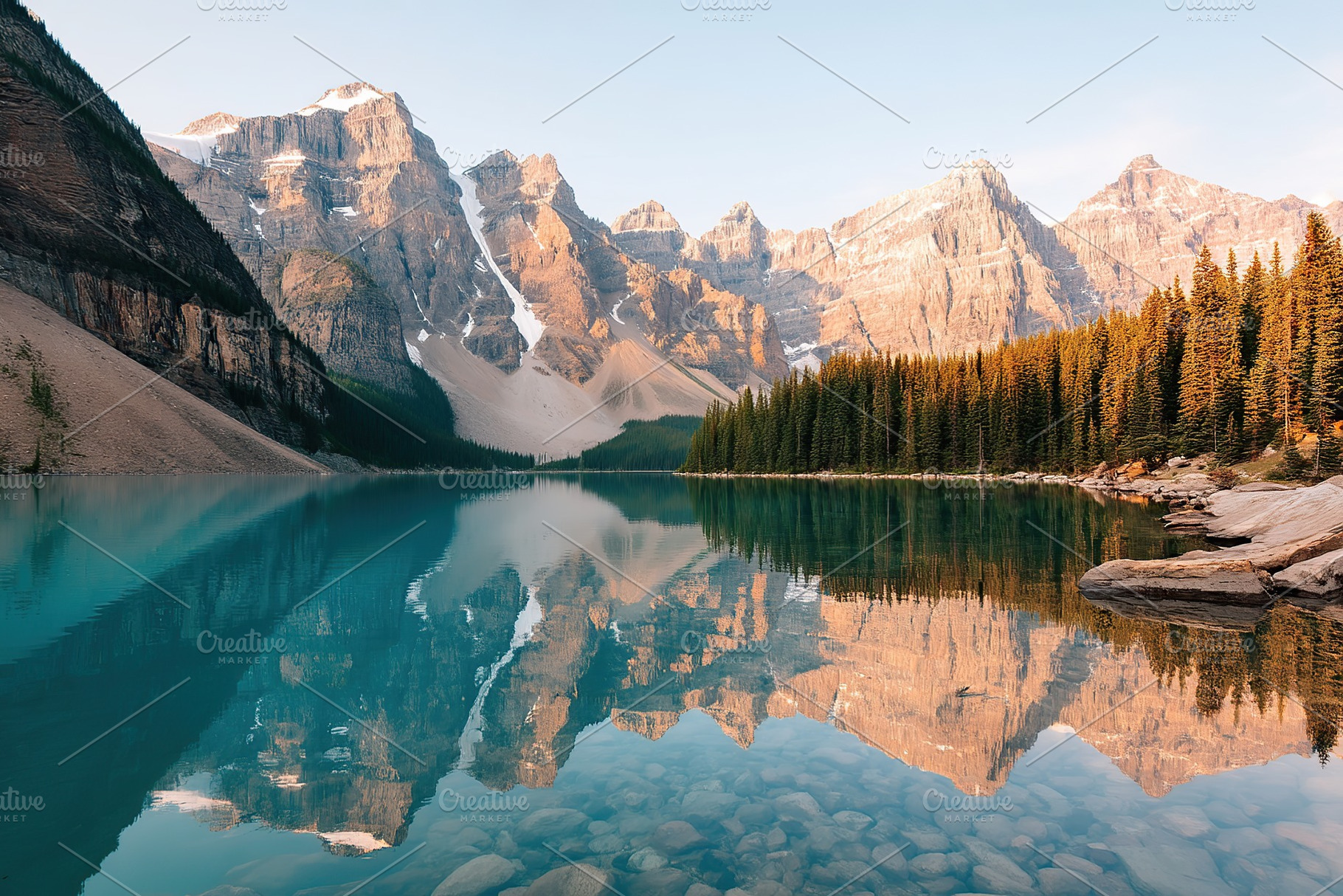 Mountain lake reflecting lush forests and majestic peaks under a clear sky at d, a Nature Photo by AlyaAnd