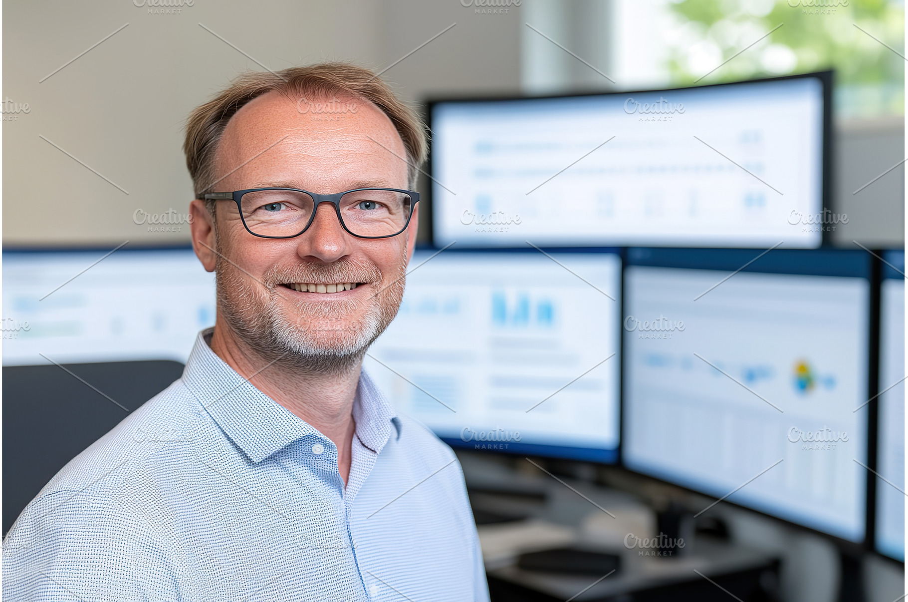 Man with Glasses Smiling in Front of, a Business Photo by Lermont51