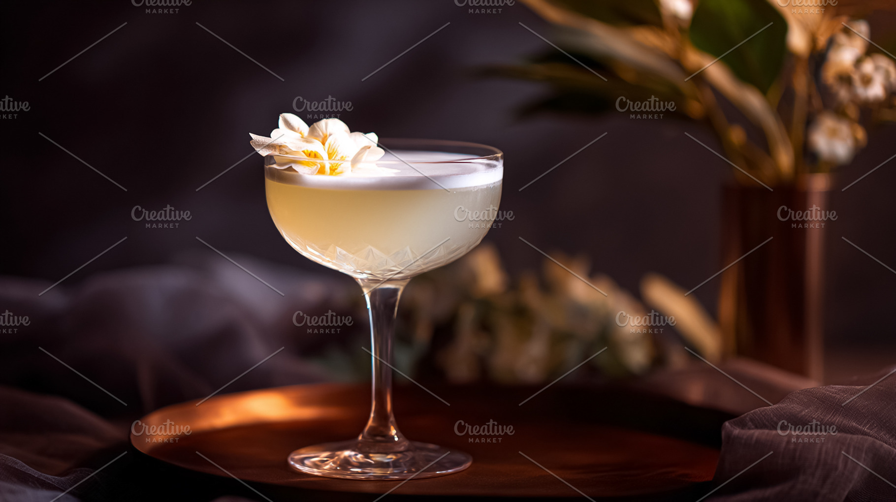 White flower garnished sour cocktail sitting on copper tray, cre, a Photo by Studio ANNA