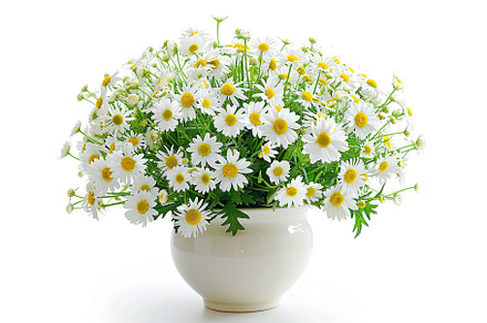 Fresh chamomile flowers in vase on white background, a Nature Photo by AlyaAnd
