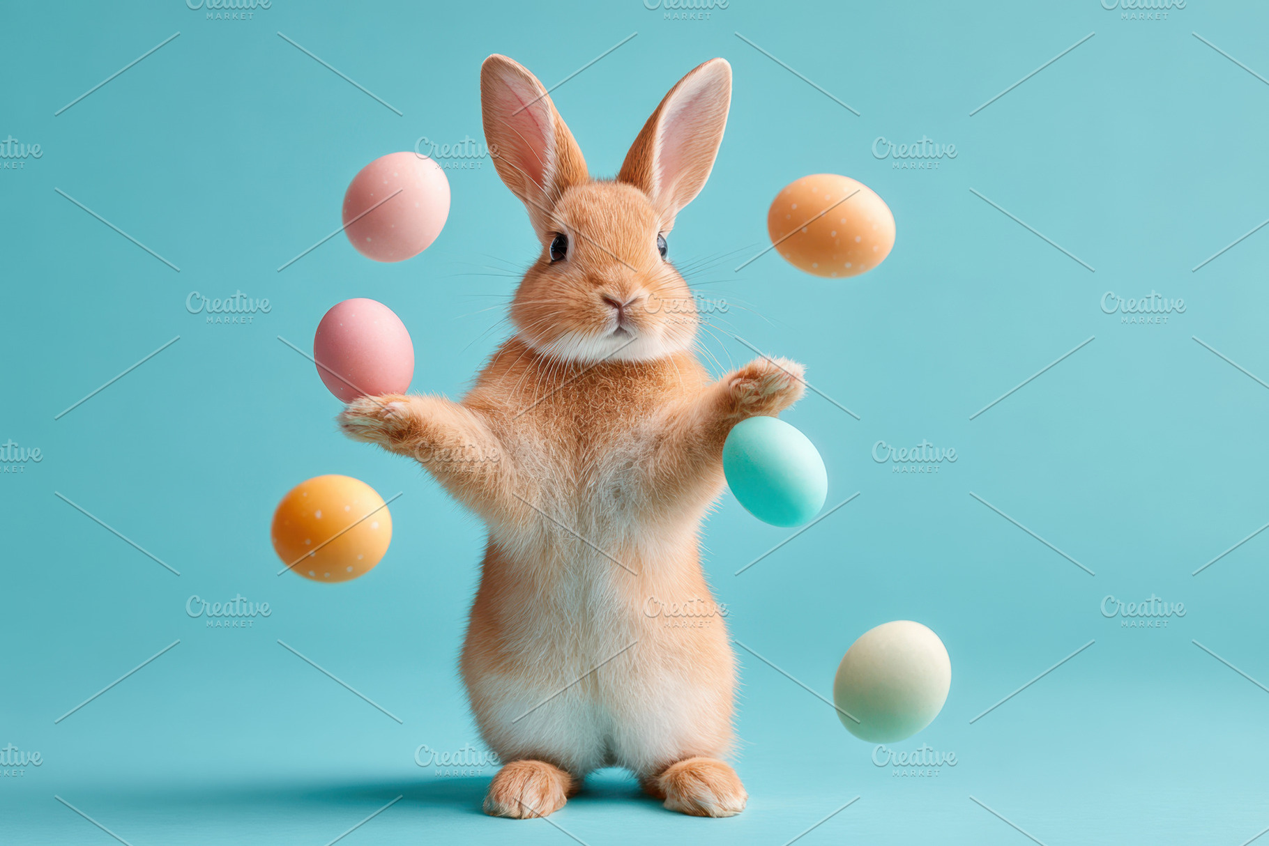 Easter bunny with pastel floating eggs, an Animal Photo by AlyaAnd