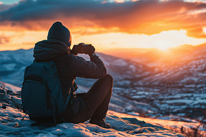 A person sitting on a snowy mountain ledge, taking photos of a vibrant sunset., a Person Photo by Textures & Backgrounds