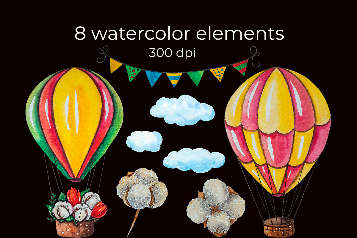 Hot Air Balloons Watercolor Clipart, a Transportation Illustration by AnastasiaWatercolor (Photo 3 of 9)