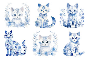 Blue Toile Pattern Cat Clipart