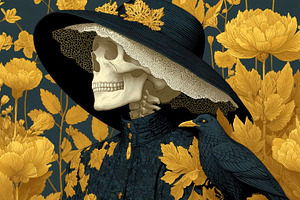 Victorian skeleton in black hat and lace surrounded by golden fl, a Holiday Photo by José Manuel Gelpi