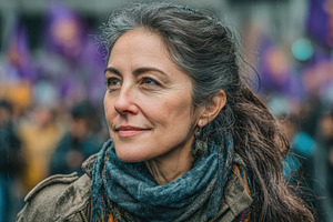 Thoughtful middle aged woman with gray hair and scarf standing o, a Person Photo by José Manuel Gelpi