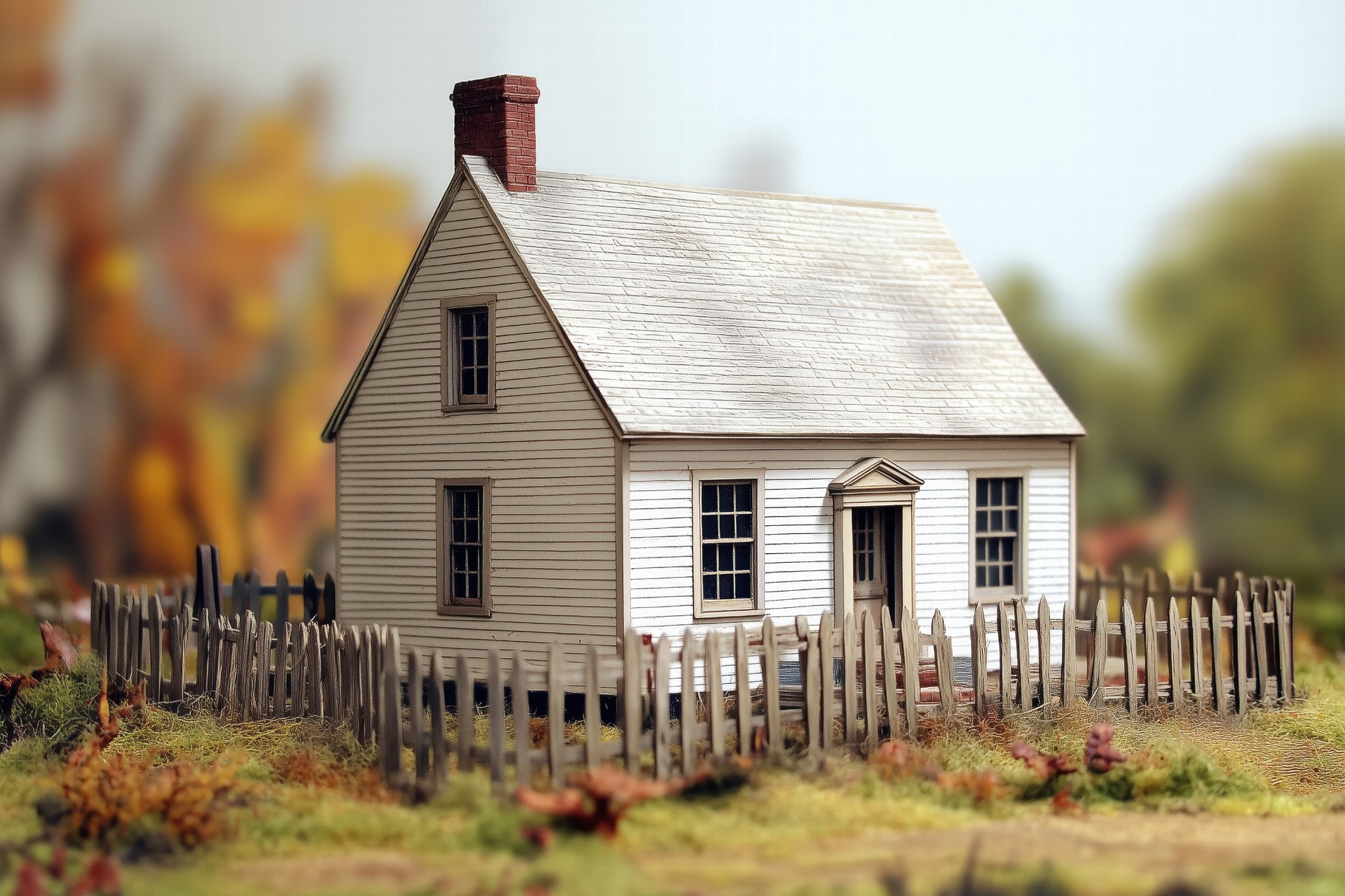 A detailed model of a classic white Saltbox style house with a chimney ...