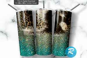 Teal Golden Glitter Leopard Cowhide