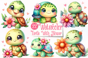 Watercolor turtle with a flower, a Work Illustration by CreationArt