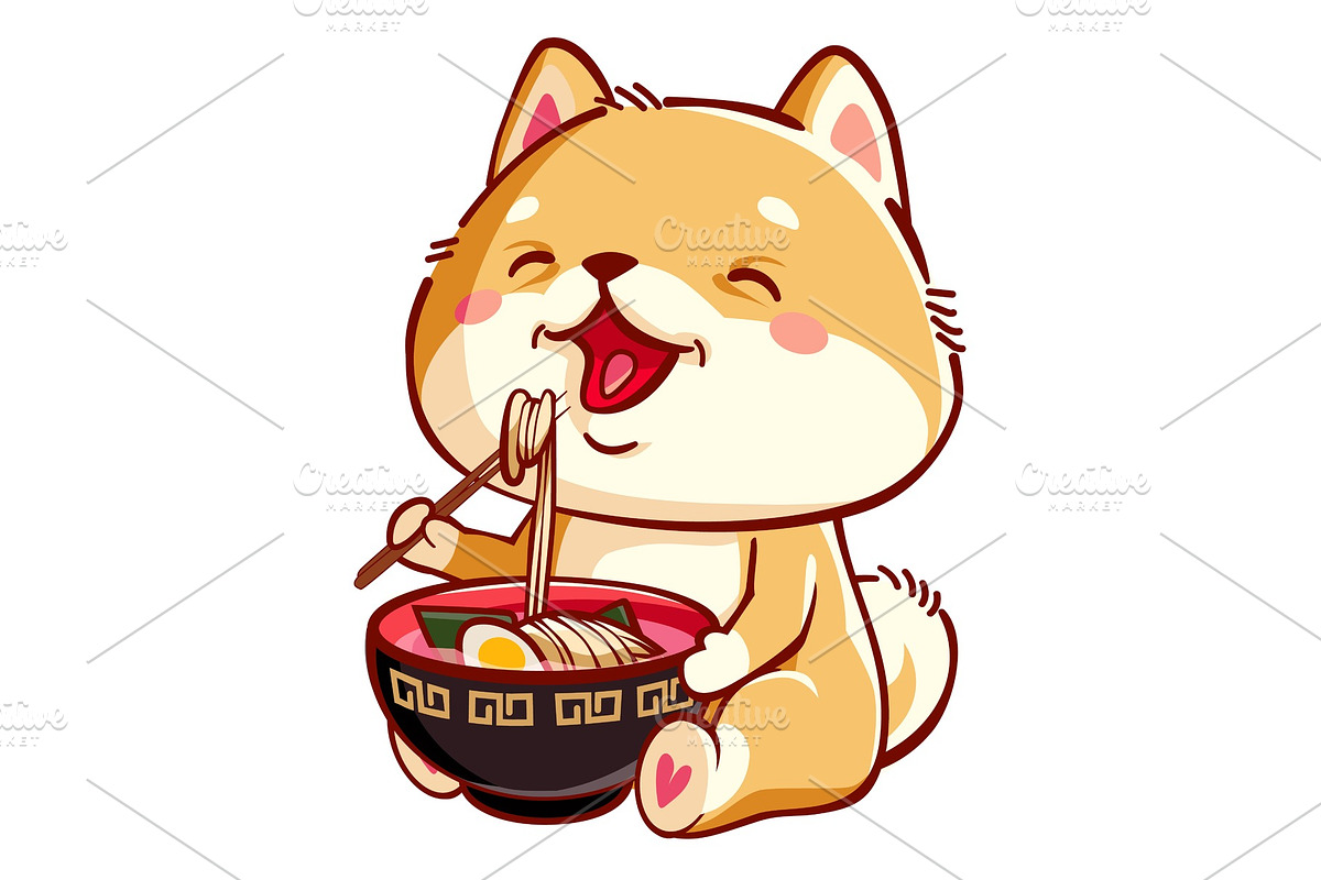 Cute Shiba inu eats ramen, an Animal Illustration by Good vibes only