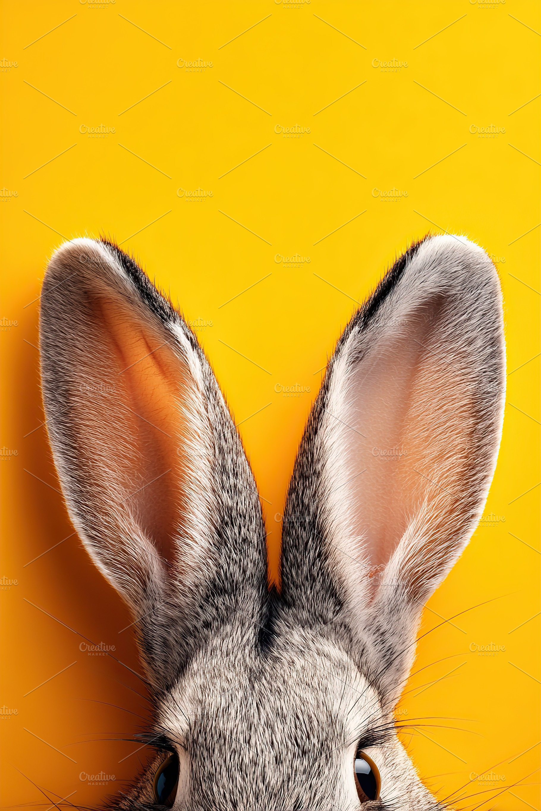 Grey bunny with large ears on bright yellow background creates a whimsical atmo, an Animal Photo by AlyaAnd