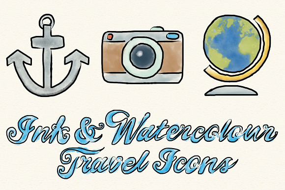Ink and Watercolor Travel Icons preview 4