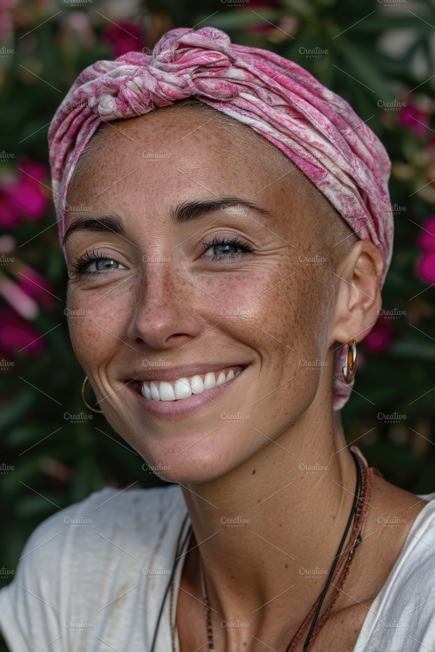 Smiling woman with pink headscarf in flower garden, a Person Photo by José Manuel Gelpi