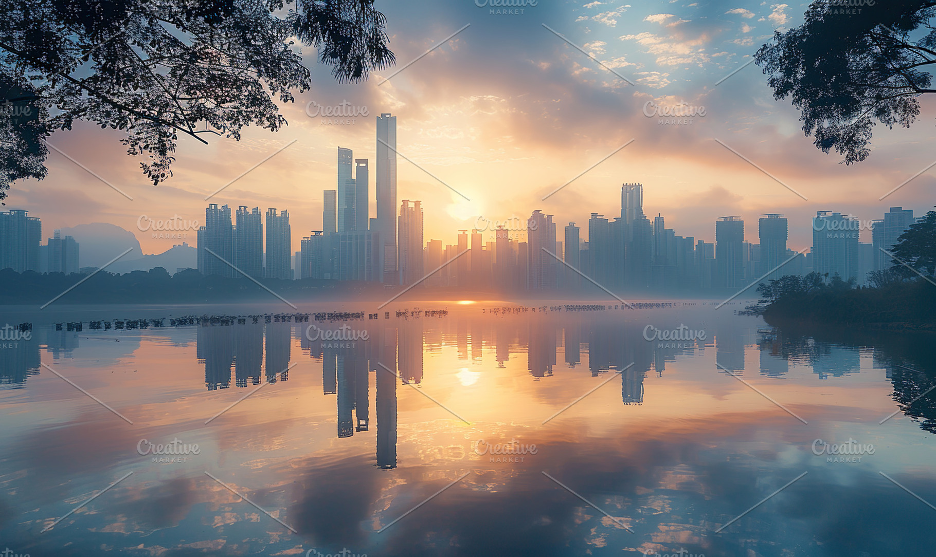 A tranquil city skyline at sunset re, a Photo by LOGOCREATIVE