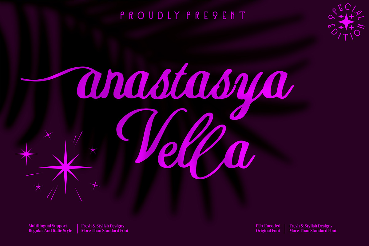Anastasya vella - Script style font, a Script Font by mahstudios (Photo 1 of 8)