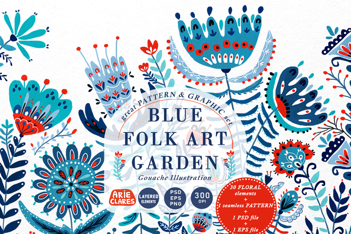 Blue Folk Art Garden, a Pattern Graphic by Arie Clares (Photo 13 of 13)