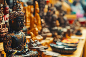 Buddha Statues and Traditional Crafts in Asian Market, an Abstract Photo by Natalia Klenova's Shop