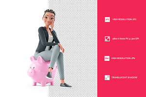 3D Character Woman Sitting on Piggy